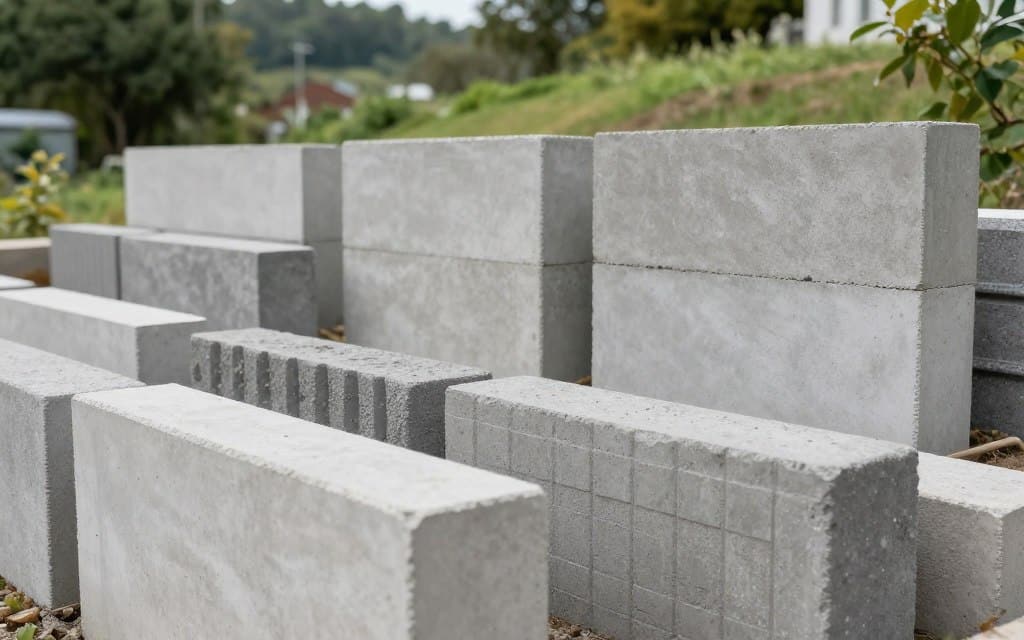 A beautifully arranged display of various concrete retaining wall blocks, showcasing different styles, sizes, and finishes. In the foreground, feature a close-up of textured blocks with various surface finishes—smooth, rough, and patterned. The middle ground should show a neat selection of larger blocks stacked in a visually appealing manner, highlighting their structural designs, such as interlocking patterns or decorative edges. In the background, depict a serene outdoor setting with lush greenery and a gently sloping landscape, emphasizing the functionality of retaining walls in natural environments. Soft, natural lighting creates an inviting atmosphere, while a shallow depth of field adds focus to the concrete blocks, ensuring a clear view that captures the intricate details and various textures.
