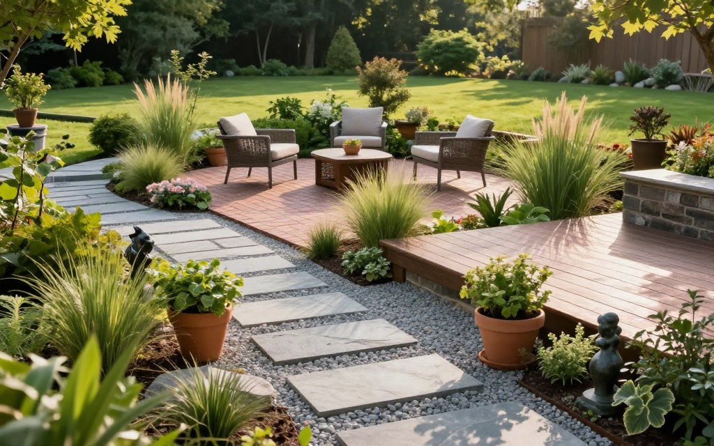 A beautifully designed hardscape garden featuring a combination of stone walkways, brick patios, and wooden deck areas, creating an inviting outdoor space. In the foreground, a meticulously arranged gravel pathway leads through lush greenery, lined with potted plants and small sculptures. The middle showcases an intricate patio area with outdoor furniture, surrounded by ornamental grasses and soft flowering plants, emphasizing the harmony between hardscaping and landscaping. In the background, a well-maintained lawn gradually transitions into a tranquil forest. The scene is illuminated by warm sunlight, casting gentle shadows and highlights, creating a serene and inviting atmosphere. Captured from a slightly elevated angle with a wide lens to encompass the entire design, emphasizing both the functionality and aesthetic appeal of hardscape elements.