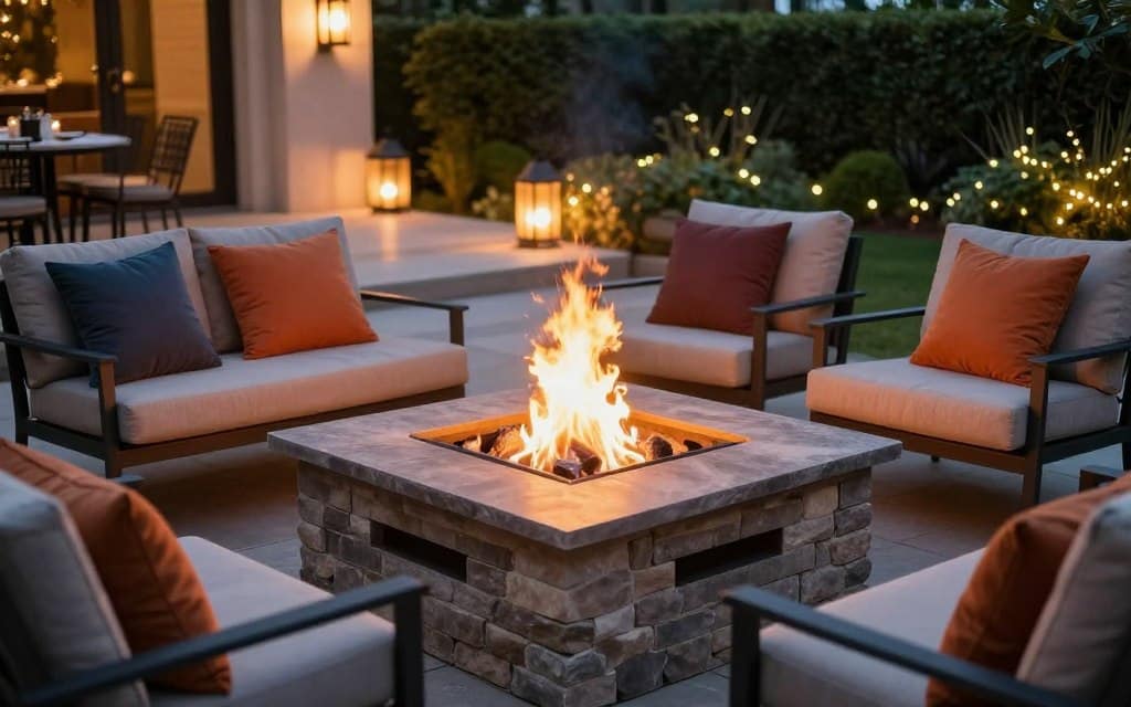 A beautifully designed outdoor fire pit, made of sleek stone and surrounded by elegant lounge chairs, with cozy pillows in rich, warm colors. In the foreground, the enticing flames dance brightly against the cool evening air, creating a vibrant glow. The middle ground features a well-lit patio adorned with soft, ambient lighting from lanterns hanging above, enhancing the luxurious atmosphere. In the background, lush greenery and twinkling fairy lights add depth and charm to the scene. The mood is inviting and intimate, perfect for gatherings. Use a warm color palette and consider a slightly elevated angle to showcase the inviting setup, emphasizing the coziness of the fire feature. Aim for a crisp, focused image to highlight details.