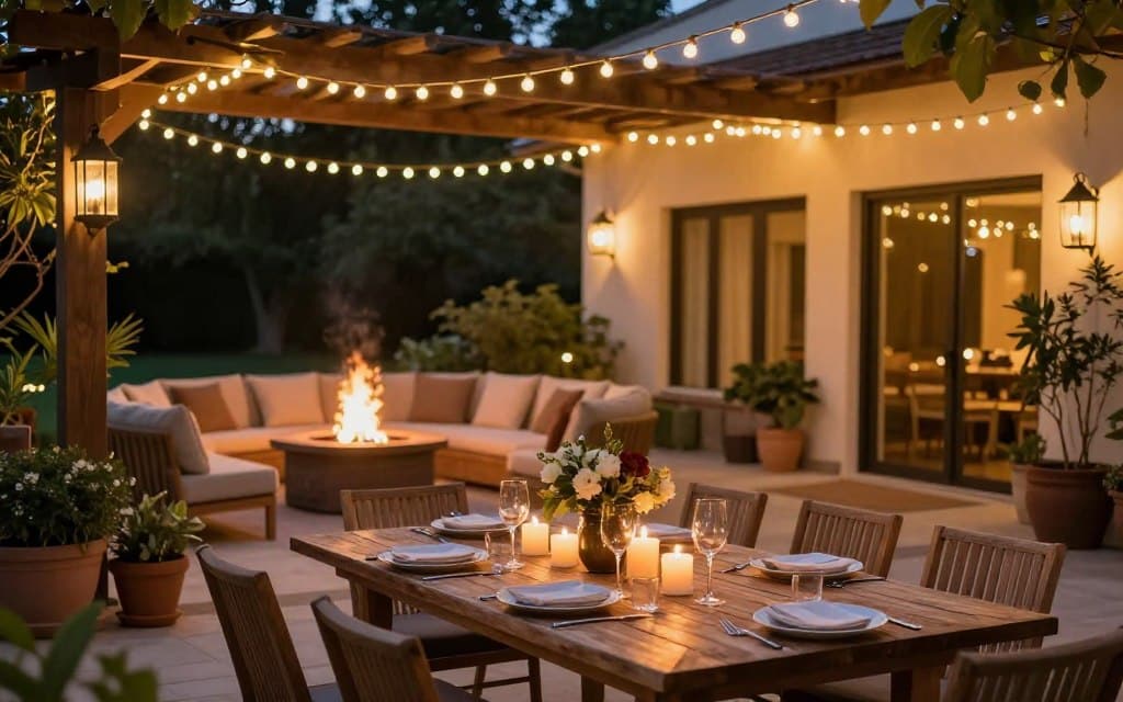 A beautifully designed outdoor patio at dusk, with a warm and inviting ambiance created by stylish string lights and lanterns hanging from sleek wooden beams. In the foreground, a rustic wooden dining table set for an evening meal, with elegant place settings and flickering candles. The middle ground features lush greenery—potted plants and small shrubs—adding a touch of nature and color. In the background, a soft glow from a fire pit casting gentle light, surrounded by comfortable seating arranged in a cozy circle. The scene is illuminated with a golden hue, evoking a tranquil, relaxing atmosphere perfect for evening gatherings. Shot at a slight angle to capture the depth of the space, with a bokeh effect on the surrounding lights for a dreamy, enchanting feel.