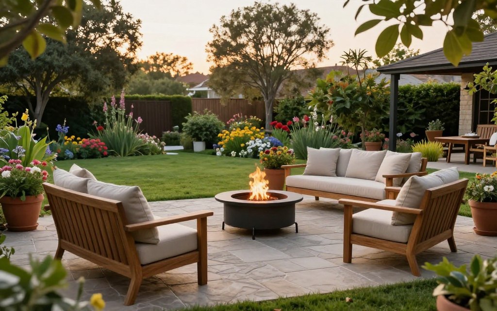 A beautifully designed outdoor patio nestled in a serene backyard setting. In the foreground, elegant wooden furniture with comfortable cushions invites relaxation. The middle ground features a stylish, textured stone patio adorned with potted plants and a small fire pit, creating a warm focal point. Lush green grass surrounds the patio, enhancing the inviting atmosphere. In the background, a gently swaying garden filled with colorful flowers and tall trees provides a natural backdrop, bathed in soft, golden evening light. The scene captures a tranquil vibe, ideal for outdoor gatherings. The composition should be shot from a low angle to emphasize depth while maintaining a clear view of the entire space, showcasing the beauty of thoughtful outdoor design.