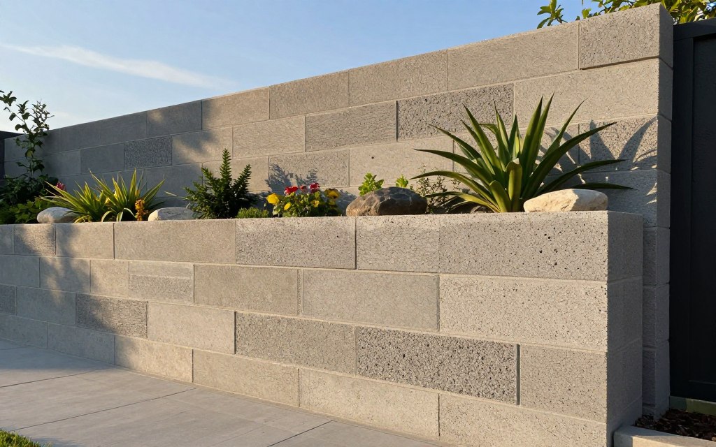 A beautifully designed retaining wall made of interlocking concrete blocks, showcasing various design options, including straight lines, curves, and 90° corners. In the foreground, a section of the wall displays a textured surface with a mixture of smooth and rough finishes, demonstrating versatility in design. The middle ground includes a softly landscaped garden with lush greenery, flowers, and decorative stones, highlighting how the wall integrates into an outdoor setting. The background features a clear blue sky with gentle sunlight illuminating the scene, casting soft shadows that enhance the wall's textures. The overall mood is serene and professional, perfect for illustrating modern landscape design principles.