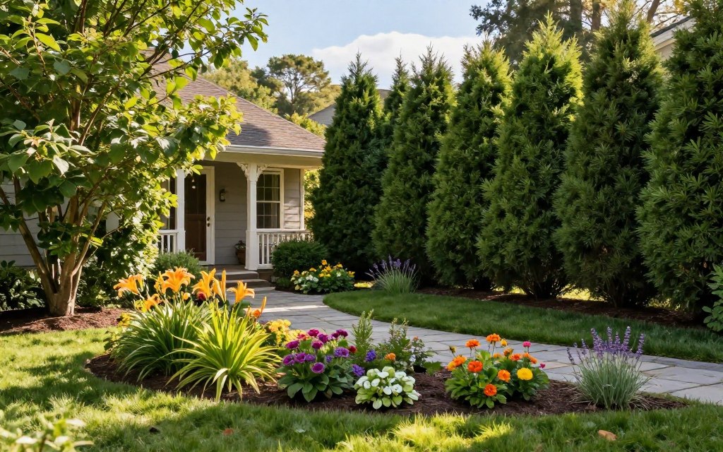 A beautifully landscaped front yard emphasizing privacy and defined property lines, featuring lush, green hedges framing the scene. In the foreground, a well-maintained flower bed bursts with colorful, low-maintenance perennials like daylilies and lavender. The middle ground showcases a charming stone pathway leading to a modest front porch, inviting yet serene. In the background, taller privacy trees, such as Arborvitae or Leyland Cypress, create a natural barrier, enhancing the peaceful atmosphere. Soft, warm sunlight filters through the foliage, casting gentle shadows on the grass, while a distant blue sky adds a sense of openness. The overall mood is tranquil and inviting, perfect for a low-maintenance, stunning front yard.