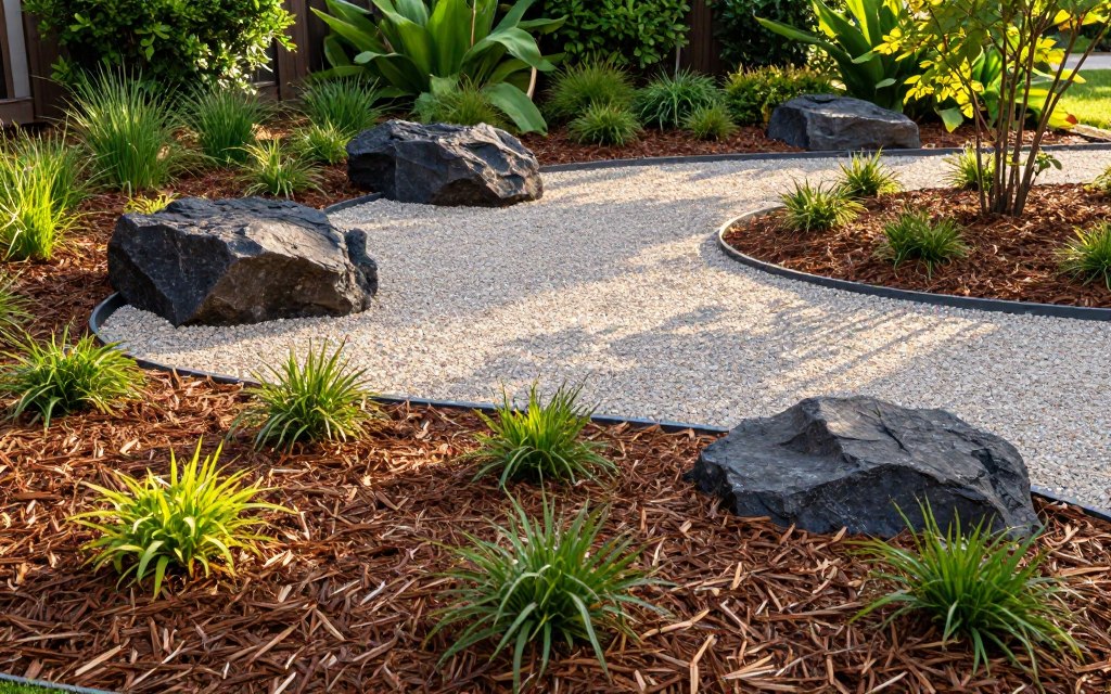 A beautifully landscaped front yard featuring a vibrant array of mulch, gravel, and natural rock strategically placed to minimize weeding and watering. In the foreground, rich brown mulch spreads around a variety of low-maintenance plants, creating an inviting contrast. The middle ground showcases smooth, light-colored gravel pathways winding between neatly arranged dark stones, evoking a sense of tranquility and harmony with nature. The background is adorned with lush greenery, highlighting the clean lines of the design. Soft, warm sunlight filters through the leaves, casting gentle shadows and enhancing the textures of the materials. The atmosphere is serene and inviting, embodying a simple yet stunning approach to landscaping. Shot from a slight elevated angle to capture the layout effectively, focusing on the interplay of colors and materials.