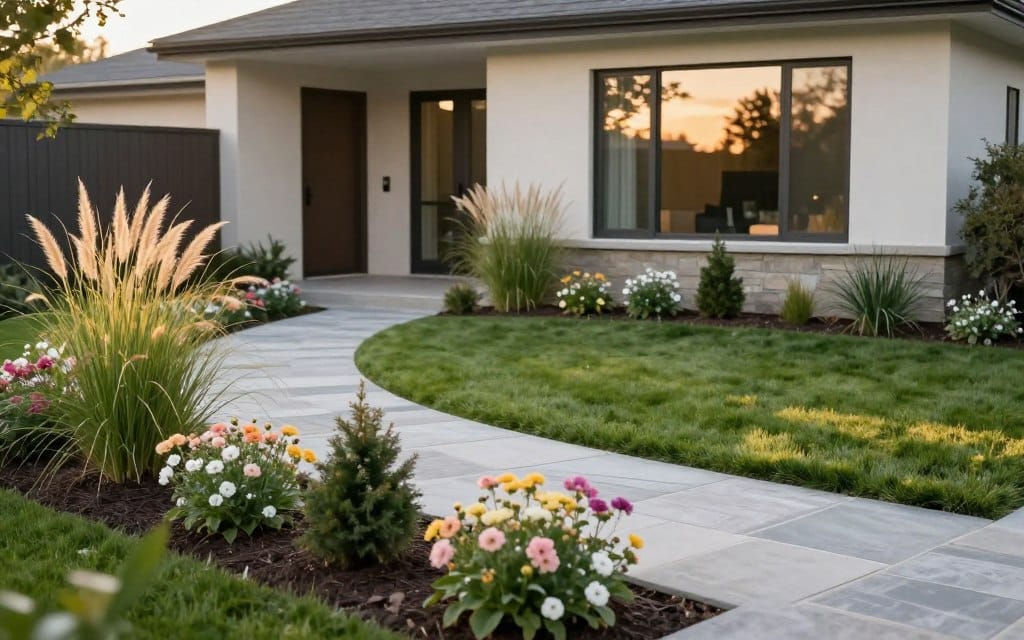 A beautifully landscaped front yard showcasing a minimalist design that complements a modern home. In the foreground, delicate pastel flowers bloom in neat beds interspersed with low-maintenance evergreens. A simple stone pathway leads to the front door, flanked by ornamental grasses swaying gently in a soft breeze. The middle ground features a manicured lawn with subtle contouring, creating a serene, inviting atmosphere. In the background, a chic house with large windows reflects the natural surroundings, bathed in warm, golden-hour sunlight for a welcoming glow. Capture this scene from a slightly elevated angle, emphasizing the harmony between the home and its landscape. The overall mood is peaceful and refined, ideal for visualizing effortless elegance in outdoor design.