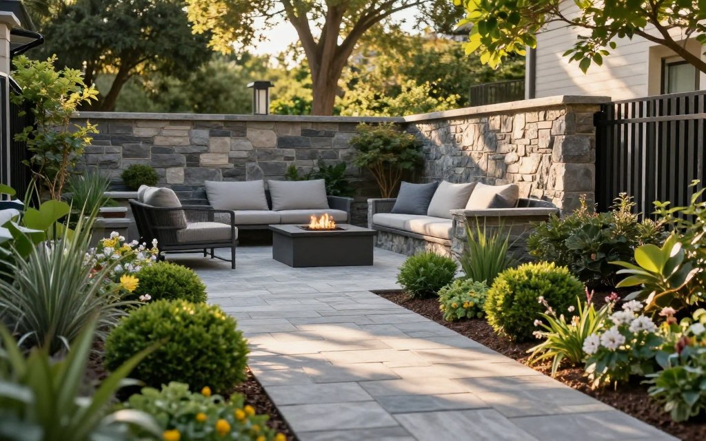 A beautifully landscaped outdoor living space showcasing professional hardscaping design. In the foreground, a well-paved stone pathway leads through a vibrant garden, accented by decorative shrubs and flowering plants. The middle ground features a stylish outdoor seating area with modern furniture, surrounded by elegant stone walls and a fire pit, creating an inviting atmosphere. In the background, tall trees filter soft sunlight, casting dappled shadows on the scene. The lighting is warm and golden, evoking a serene and welcoming vibe. Capture the intricate details of the stonework and lush greenery, with a slight depth of field to emphasize the foreground. The overall mood is tranquil and visually appealing, reflecting the value of professional hardscaping services.