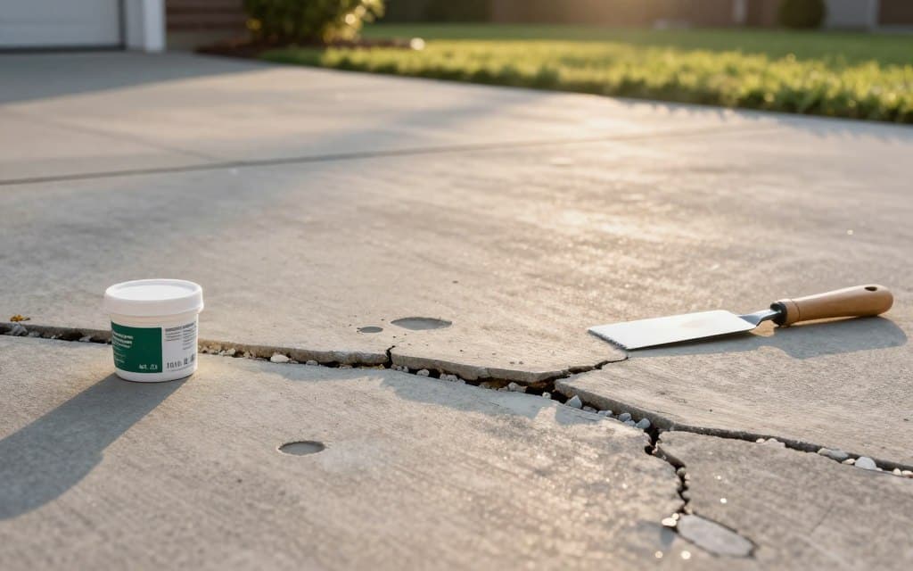 A close-up view of a concrete driveway showing hairline to small cracks in various spots. In the foreground, a section of the driveway is highlighted, with a small container of crack filler and a putty knife resting beside it, indicating tools for repair. In the middle ground, the cracks are clearly visible, showcasing different sizes and depths, while the texture of the concrete floor is detailed with subtle reflections of sunlight. The background features a well-kept lawn with some foliage, providing a contrast to the concrete surface. The scene is bathed in warm afternoon sunlight, lending a calm and focused atmosphere, ideal for illustrating a DIY repair process.