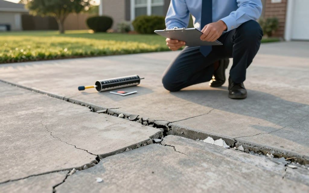 A close-up view of a concrete driveway undergoing inspection, featuring an inspector in professional business attire kneeling on the ground with a clipboard in hand, carefully examining various cracks on the surface. The foreground shows detailed textures of the driveway, highlighting different crack types—hairline fractures, larger fissures, and surface scaling. In the middle ground, tools for repair like concrete filler and a caulking gun are positioned for easy access. The background consists of a residential setting with a well-kept lawn and a few trees, bathed in soft, warm afternoon sunlight. The angle captures both the inspector's focused expression and the intricate details of the driveway, creating a professional yet approachable atmosphere, ideal for a maintenance guide.