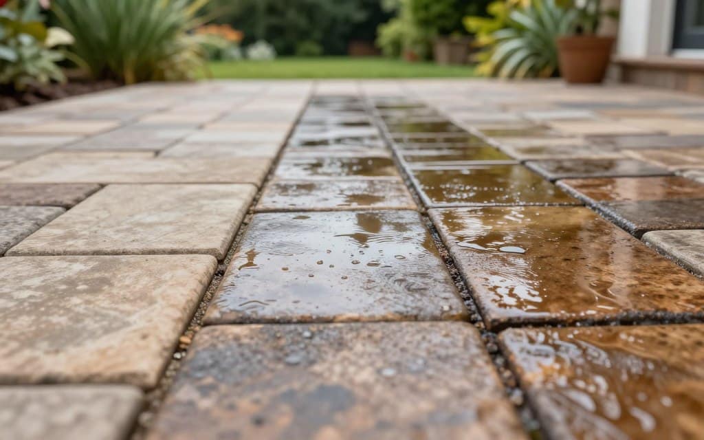 A close-up view of a freshly sealed paver patio showcasing three distinct finishes: a natural matte finish on one side, a wet look in the center, and a glossy finish on the opposite side. The foreground features textured pavers with varying shades of earthy tones, glistening slightly under soft, diffused sunlight. In the middle, the seamless transition between finishes highlights the unique reflections and depth of color, with droplets of water catching the light on the wet look finish. The background fades to a lush green garden, softly blurred to emphasize the pavers. The overall mood is serene and inviting, evoking a sense of outdoor beauty and well-maintained space, perfect for relaxation and gatherings. The scene is captured at a slightly elevated angle to showcase depth and contrast.