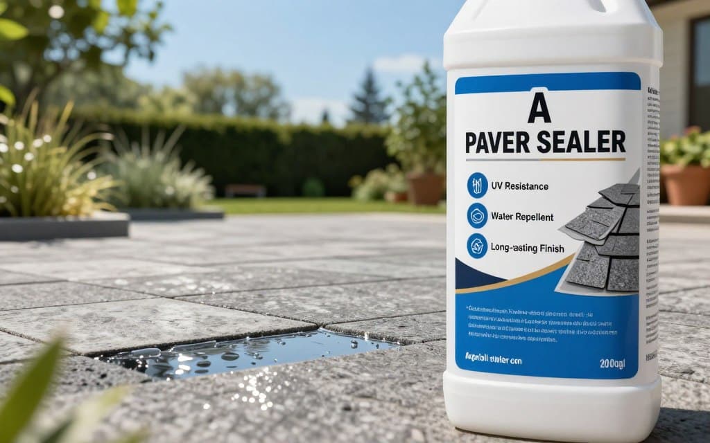 A close-up view of a paver sealer product label prominently displayed in the foreground, showcasing clear and informative graphics about paver protection. The label features key icons and text highlighting features such as "UV Resistance," "Water Repellent," and "Long-lasting Finish." In the middle ground, a partially sealed stone patio gleams under natural sunlight, illustrating the product in use. The background includes lush greenery and a blue sky, enhancing the sense of an inviting outdoor space. The lighting is bright and airy, creating a cheerful and professional atmosphere. The angle is slightly tilted to give depth, focusing on the label while maintaining the context of the beautiful surroundings.