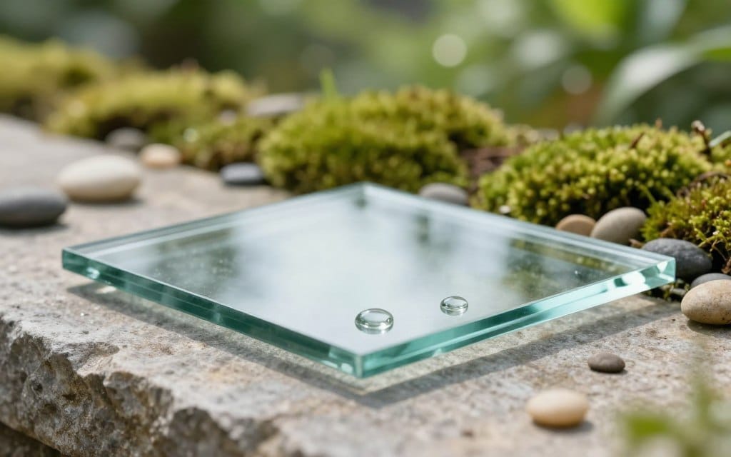 A close-up view of a transparent glass paver sitting on a textured stone surface, highlighting its smooth edges and reflective qualities. In the foreground, droplets of water on the glass emphasize its clarity and purity. The middle ground features scattered pebbles and patches of green moss, creating a natural contrast to the sleek glass. The background blurs into a bokeh of soft green foliage, enhancing the serene outdoor atmosphere. Soft, diffused sunlight illuminates the scene, casting gentle shadows and enhancing the colors. Capture this image from a slightly elevated angle, drawing the viewer's eye to the interplay between the glass and its organic surroundings, conveying a sense of harmony and maintenance in an outdoor space.