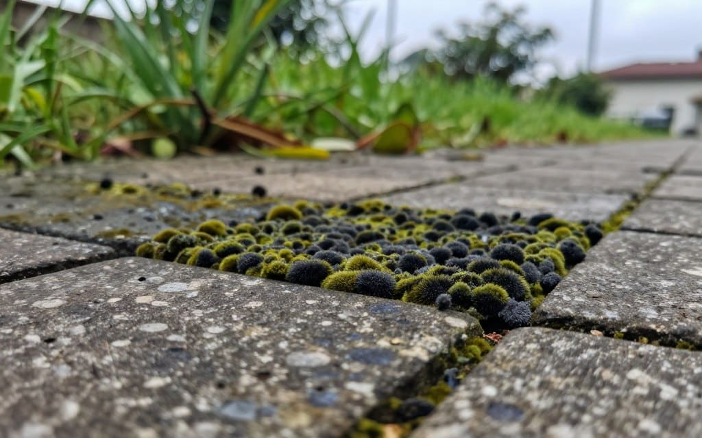 A close-up view of mold and mildew on an outdoor paver surface, showcasing the fuzzy, dark green and black patches interspersed among the weathered stone. In the foreground, a few pavers are visibly stained, highlighting the porous texture where moisture has settled. The middle ground features a slightly out-of-focus garden with lush greenery, hinting at humidity, which contributes to the mold growth. In the background, soft natural lighting from a cloudy sky adds a muted atmosphere, creating a sense of neglect and deterioration. The scene captures the issue of mold growth on paver stones, emphasizing the importance of maintenance. The camera angle is low to provide an intimate view of the mold, enhancing its detailed texture while maintaining a professional and informative appearance.