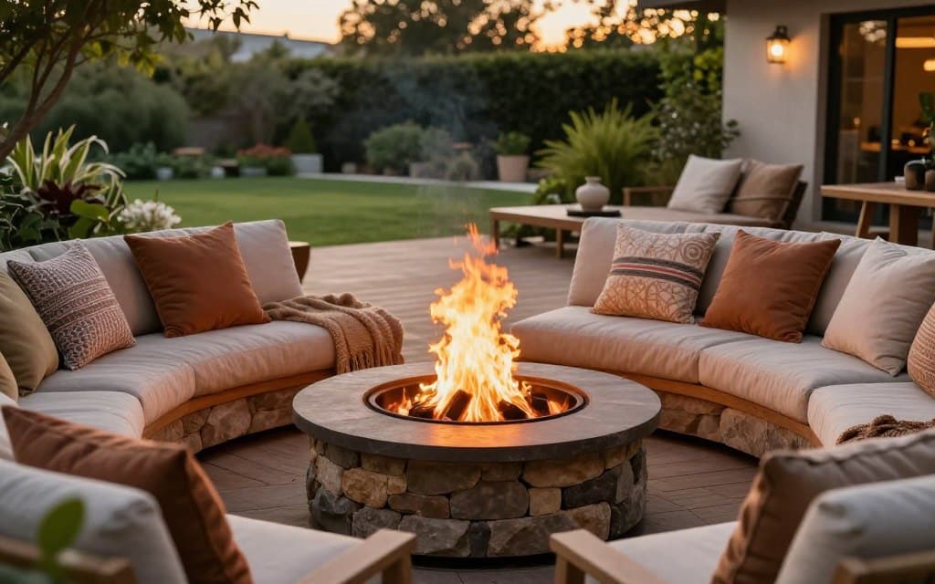 A cozy outdoor fire pit setting, designed as the focal point of a three-season living space. In the foreground, a circular stone fire pit glows with warm, flickering flames, surrounded by plush, stylish seating arrangements in earthy tones. The middle ground features a wooden deck, tastefully adorned with outdoor cushions and soft, inviting textiles, creating an inviting atmosphere for relaxation. In the background, lush greenery and well-manicured landscaping provide a serene, natural backdrop. The scene is bathed in the soft light of golden hour, enhancing the warmth of the flames and inviting the viewer into this tranquil outdoor retreat. The angle captures a harmonious view of both the fire feature and the surrounding space, evoking a sense of comfort and togetherness.