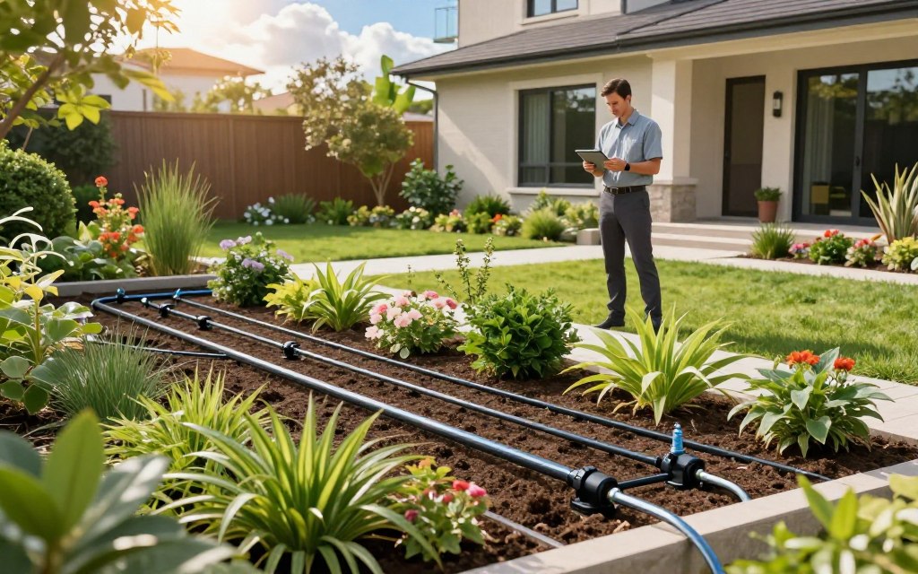 A detailed and vibrant illustration of a customized irrigation system designed for a lush residential landscape. In the foreground, showcase a meticulously arranged garden featuring various plants and flowers, with precision-installed drip irrigation lines visibly snaking through the soil. In the middle ground, depict a landscape professional in smart casual attire, examining the irrigation setup on a tablet, focused and engaged in their work. In the background, illustrate a modern home surrounded by well-maintained greenery and sunlight filtering through scattered clouds, casting a warm glow over the scene. The atmosphere should convey professionalism and innovation in sustainable water management, with a clean and organized layout emphasizing efficiency and modern technology. Use a slightly elevated angle to capture the depth of the landscape and the intricacies of the irrigation design.