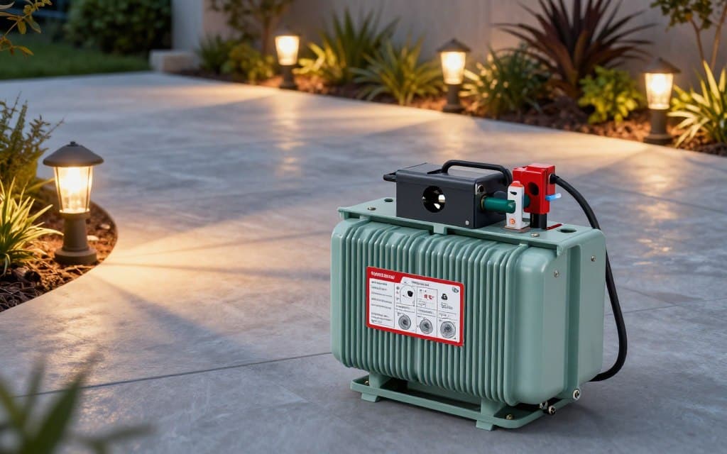 A detailed illustration of a low voltage transformer specifically designed for landscape lighting, situated on a clean, well-maintained outdoor patio. In the foreground, prominently display the transformer with clear labels showing its function and features, such as wattage and voltage specifications. In the middle ground, include an array of low voltage landscape lights around the patio, casting a warm, inviting glow in the early evening light. In the background, depict a garden setting with gentle shadows and vibrant plants, conveying a serene outdoor atmosphere. Use soft, natural lighting to enhance the realism of the scene, and choose a slightly elevated camera angle to capture both the transformer and landscape lighting effectively, creating an informative and inviting visual.
