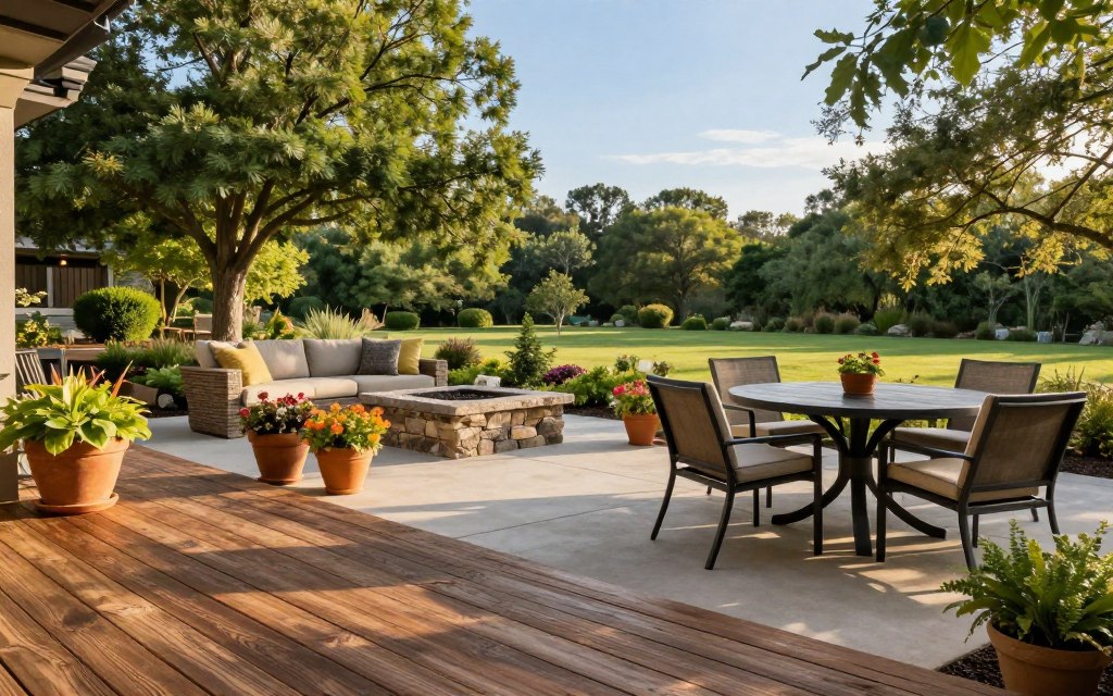 A detailed outdoor living space showcasing a harmonious blend of durable materials suitable for various US climates. In the foreground, a rustic wooden deck made from weather-resistant timber leads to a stylish outdoor dining area with a solid metal table and comfortable cushioned chairs. The middle ground features a combination of poured concrete pathways surrounded by vibrant potted plants and a stone fire pit, inviting a cozy gathering. In the background, a lush green landscape includes mature trees and low-maintenance shrubs, framed by a clear blue sky. The lighting is warm and inviting, simulating late afternoon sunshine, enhancing the textures of the materials. The overall mood conveys a sense of relaxation and durability, perfect for enjoying outdoor living year-round.