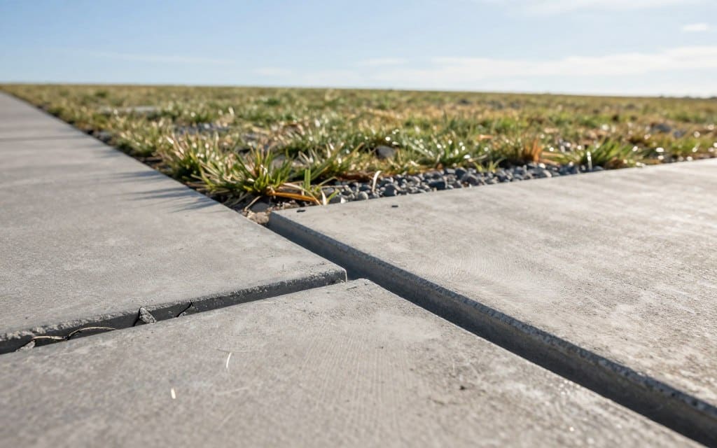 A detailed view of concrete driveway joints, showcasing various joint types (such as expansion and control joints) prominently in the foreground. The image should have a slightly angled perspective, capturing the texture and color variations of the concrete surface, highlighting some fine cracks near the joints. In the middle ground, include patches of grass and gravel subtly intermingling with the concrete, creating a natural environment. The background should depict a clear blue sky with soft, diffused sunlight illuminating the scene, casting gentle shadows to emphasize the depth and structure of the joints. Aim for a professional atmosphere, as if illustrating a technical guide, with a focus on the importance of driveway joints in preventing future cracking.