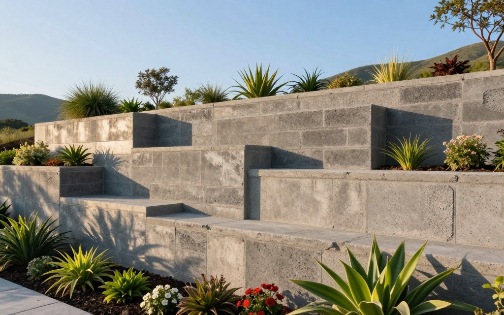 A landscaped garden showcasing a sturdy retaining wall made of textured concrete blocks, neatly arranged in varying shades of grey. In the foreground, vibrant green plants and blooming flowers frame the wall, adding a touch of nature. The middle ground features the retaining wall rising majestically, reflecting the smooth finishes and rough edges of the blocks under natural sunlight. The background reveals rolling hills and a clear blue sky, enhancing the overall tranquility of the scene. The lighting is warm and inviting, casting soft shadows that highlight the wall's structure. A wide-angle perspective invites viewers to appreciate the height and stability of the wall, while conveying a sense of harmony between the hardscape and surrounding landscape.