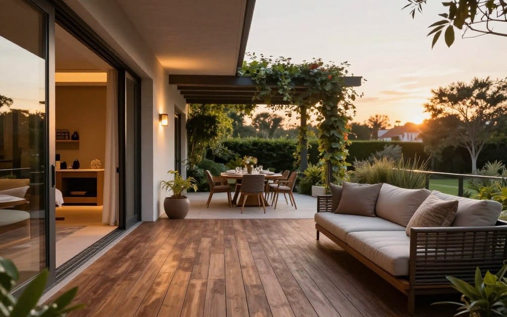 A luxurious indoor-outdoor patio design, showcasing a seamless flow between the modern home interior and a stylish outdoor space. In the foreground, rich wooden decking extends from a sleek glass wall that opens wide. Plush outdoor seating with soft, textured cushions invites relaxation. In the middle ground, a dining area is elegantly set with fine tableware under a stylish pergola adorned with climbing greenery. Soft, warm lighting creates an inviting atmosphere, while golden hour sunlight bathes the scene in a gentle glow. In the background, lush gardens and distant trees softly blur, completing the tranquil ambiance. The overall mood is peaceful and sophisticated, ideal for outdoor living.