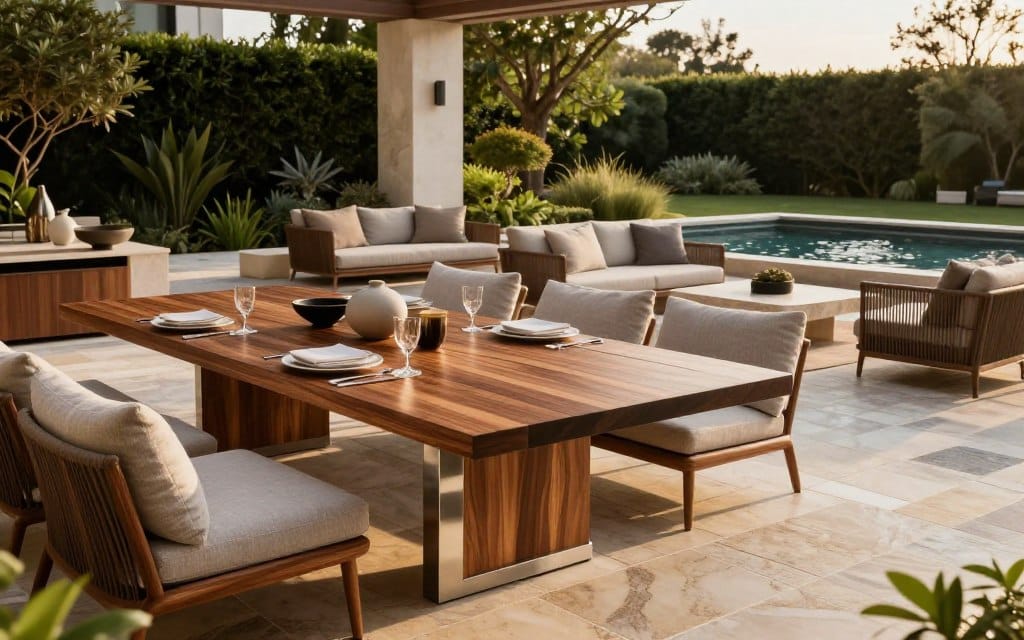 A luxurious outdoor patio setting featuring high-end materials like rich mahogany wood, sleek natural stone tiles, and elegant stainless steel accents. In the foreground, showcase a beautifully crafted dining table complete with stylish place settings and plush cushions. The middle ground presents a spacious lounge area with designer outdoor furniture, adorned with soft textiles in muted earth tones. In the background, lush greenery and well-maintained landscaping enhance the ambiance, while a striking water feature adds tranquility. Soft, golden hour lighting casts a warm glow over the scene, highlighting textures and creating a serene and inviting atmosphere. The angle captures the depth of the space, encouraging viewers to envision themselves relaxing in this opulent outdoor retreat.