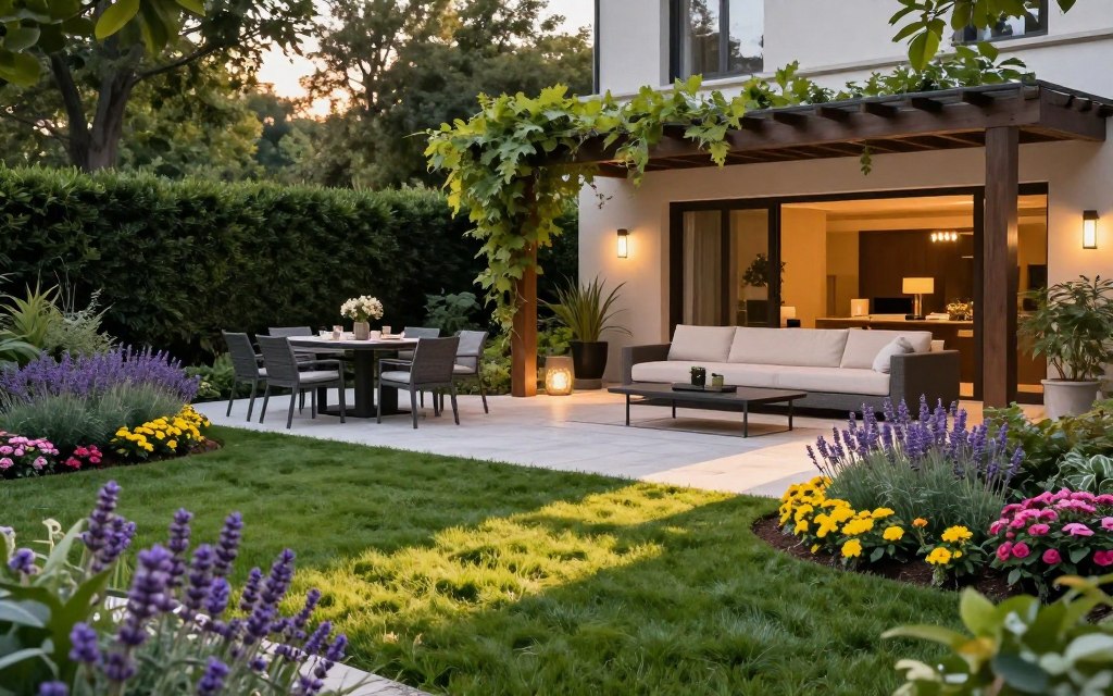 A luxurious patio space surrounded by elegant landscaping that enhances the outdoor living area. In the foreground, lush green grass bordered by vibrant flower beds in rich colors like lavender, yellow, and pink. In the middle ground, a spacious, stylish patio with modern outdoor furniture, including a sleek dining set and comfortable lounge chairs. Soft, ambient lighting creates a warm and inviting atmosphere, with natural sunlight casting gentle shadows. In the background, well-maintained hedges and a backdrop of tall trees provide privacy, while a wooden pergola draped with climbing vines adds sophistication. The overall mood is serene and upscale, ideal for relaxation and outdoor gatherings, captured from a slightly elevated angle to showcase depth and harmony in the space.