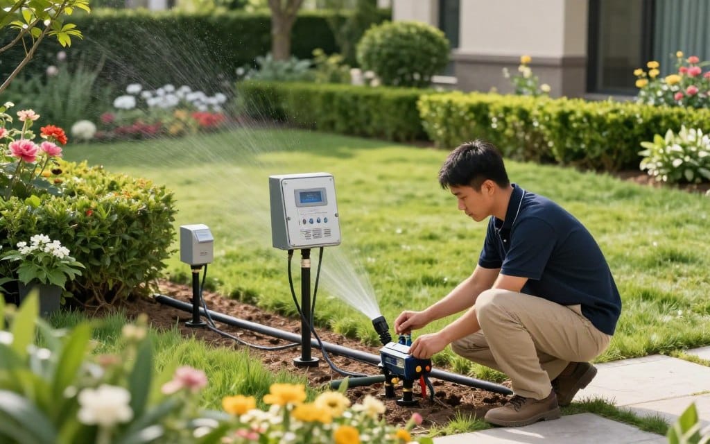 A modern landscape featuring a professional technician installing an advanced sprinkler system in a well-manicured garden. In the foreground, focus on the technician, dressed in a navy blue polo shirt and khaki pants, meticulously connecting pipes and controllers. The middle ground showcases sleek, high-tech sprinkler heads and an automated control panel, with lush greenery surrounding them. In the background, vibrant flowers and neatly trimmed hedges create a picturesque setting. The scene is illuminated by soft, natural sunlight, casting gentle shadows that enhance the realism. Use a slightly elevated angle to capture the depth of the landscape while maintaining clarity on the installation process, evoking a sense of professionalism and efficiency.