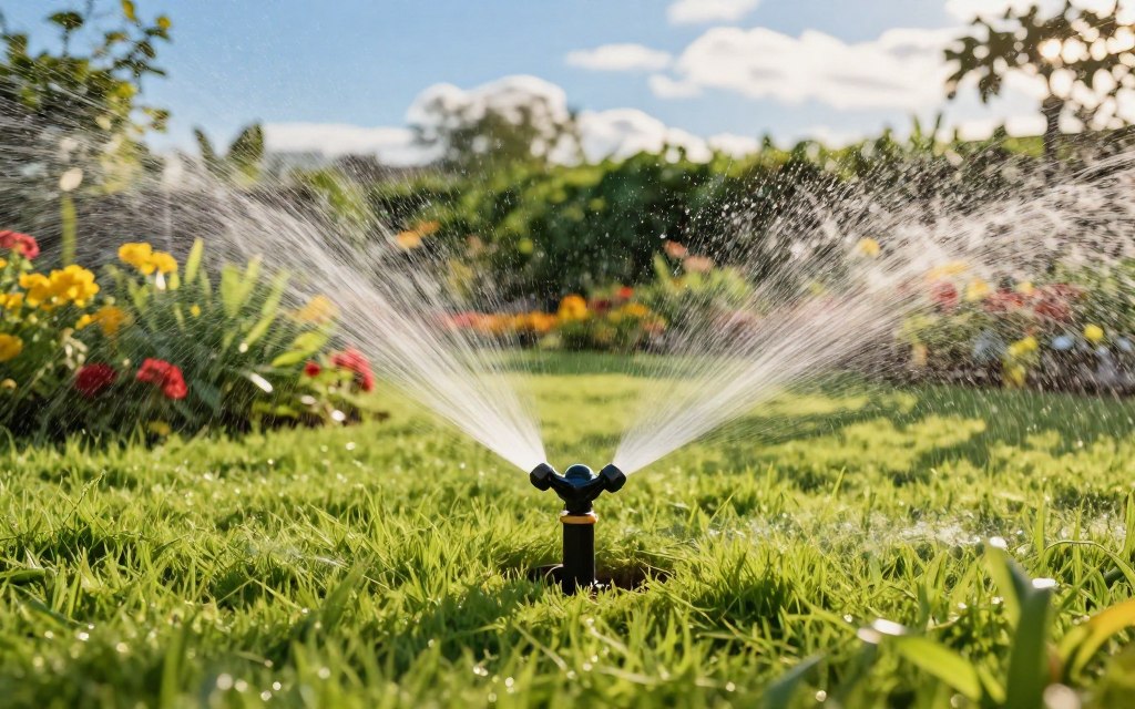 A modern lawn irrigation system in action, set in a lush green garden. The foreground features a sleek, automated sprinkler system gently spraying water in a fine mist, with visible droplets glistening in the sunlight. In the middle ground, patches of vibrant grass and colorful flower beds create a harmonious landscape, showcasing the health and vitality of plants nurtured by efficient irrigation. The background reveals a bright blue sky with few fluffy clouds, casting soft shadows on the ground. The scene is illuminated by warm, natural lighting typical of late afternoon, enhancing the colors and details. The atmosphere is calm and inviting, embodying the innovation and benefits of contemporary irrigation techniques, promoting sustainability and water conservation.