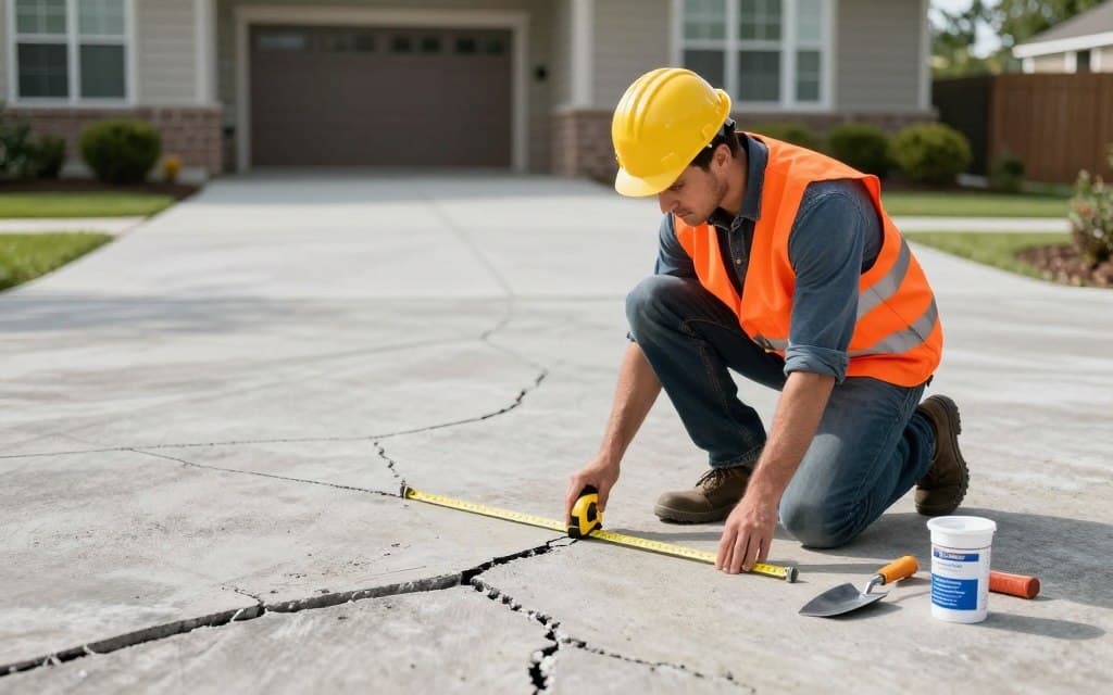 A professional driveway contractor inspecting a concrete driveway with visible cracks, kneeling down in front of the driveway to assess damage. The contractor, wearing a bright orange safety vest and a hard hat, is using a measuring tape to gauge the size of the cracks, displaying skill and attention to detail. In the background, a residential home is visible, accented by well-maintained landscaping. The scene is set in bright daylight with soft, natural lighting illuminating the workspace. The foreground includes tools like a trowel and patching compound for repair, arranged neatly. The atmosphere is focused and diligent, conveying professionalism and expertise in driveway repair work.