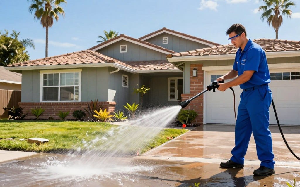 A professional pressure washing services in action in San Diego. In the foreground, a technician in a crisp blue uniform and safety goggles is using a high-powered pressure washer to clean a residential patio. Water sprays in a dynamic, translucent arc, capturing sunlight and creating a refreshing mist. In the middle ground, a well-maintained home with a vibrant garden reflects the impact of the service, showcasing clean brick and vinyl siding. The background features palm trees against a bright blue sky, embodying the sunny San Diego atmosphere. The lighting is bright and vivid, emphasizing the cleanliness and professionalism of the service. The image captures an energetic and reliable mood, perfect for showcasing top-tier pressure washing expertise.