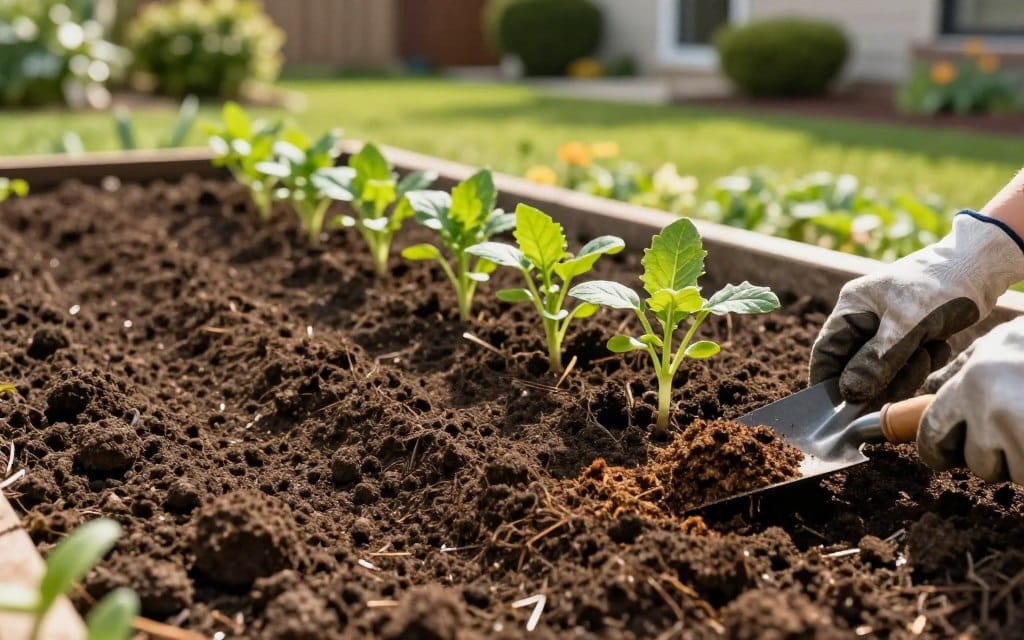 A rich, dark planting soil is spread out on a garden bed, showcasing its fine texture and fertile quality. In the foreground, freshly turned soil particles glisten slightly in soft, natural sunlight, hinting at recent preparation. A pair of gloved hands equipped with a small trowel are gently mixing in organic compost, emphasizing an eco-friendly approach to gardening. In the middle ground, vibrant green plant seedlings are carefully placed into the soil, their leaves catching the light, signifying growth and health. The background reveals a serene suburban yard with neatly trimmed grass and ornamental bushes, creating a peaceful and inviting atmosphere. The overall lighting is warm, creating a sense of hope and renewal, while the shallow depth of field gently blurs the garden's edge, focusing attention on the nurturing process of planting.