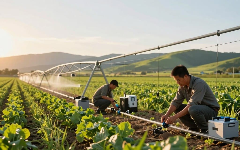 A seasonal irrigation maintenance scene in a lush green field during golden hour, capturing professionals dressed in modest casual attire diligently inspecting and adjusting modern irrigation systems. In the foreground, a close-up of a technician examining a drip irrigation line, with tools and equipment neatly arranged beside them. The middle ground features advanced irrigation technology, such as controllers and sensors, surrounded by vibrant plants and crops thriving due to effective water management. In the background, gentle rolling hills bathed in warm sunlight, while a clear sky enhances the peaceful atmosphere of the rural setting. Soft shadows cast by the late afternoon sun create a warm, inviting mood, emphasizing the importance of irrigation efficiency and maintenance.