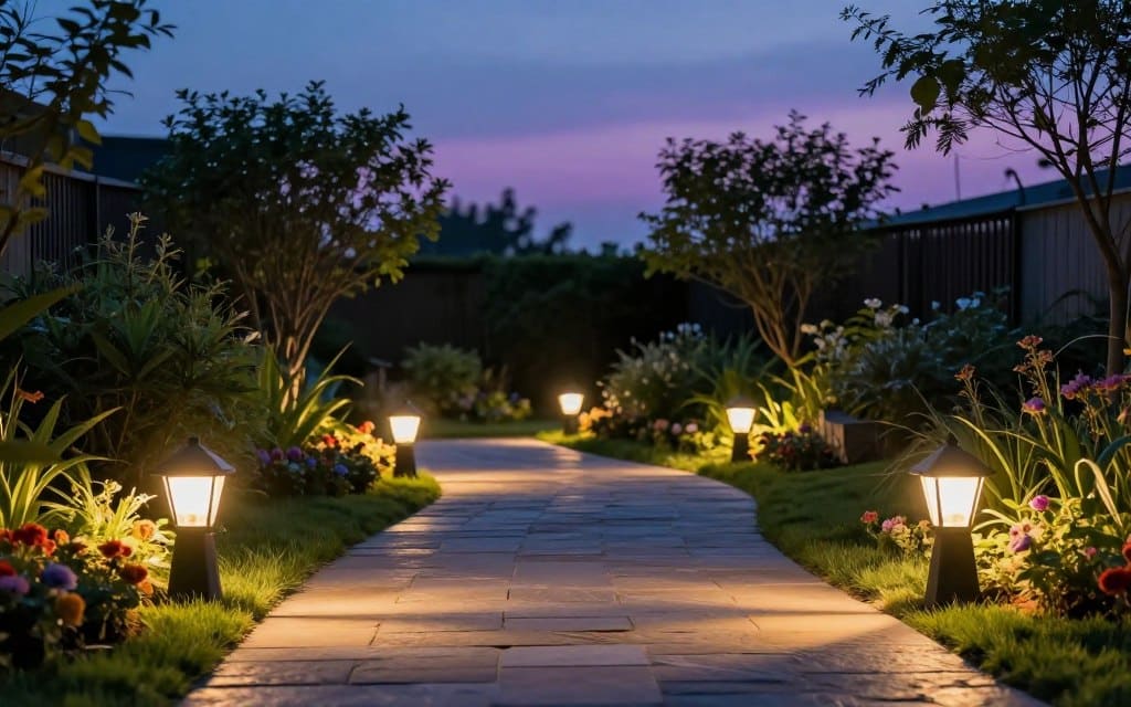 A serene evening garden pathway illuminated by elegant low voltage path lights. In the foreground, a variety of stylish path lights are artfully arranged along a winding stone walkway, casting a warm glow. The middle section features lush greenery and well-placed flowerbeds, enhancing the natural beauty of the scene. Soft lighting pattern highlights the texture of the stones and the vibrant colors of the flowers. In the background, a twilight sky transitions from deep blue to soft purple, creating a tranquil ambiance. The focus is on the path lights, showcasing their design and functionality, with no human figures present. The mood is peaceful and inviting, perfect for representing a well-lit landscape. The image should capture the essence of outdoor illumination, emphasizing the beauty and practicality of low voltage fixtures.
