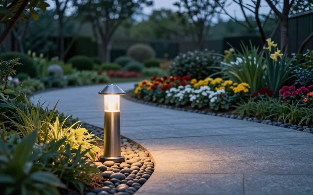 A serene evening garden scene showcasing a low-voltage path light illuminating a winding stone walkway. The foreground features a delicately designed path light made of brushed metal, casting a warm, inviting glow onto the smooth pebbles and surrounding plants. In the middle ground, neatly arranged flower beds with blooming flowers create a vibrant contrast against lush green foliage. The background reveals softly blurred trees under a twilight sky, creating a tranquil atmosphere. The lighting is soft, enhancing the beauty of the landscape while promoting a peaceful mood. The scene is shot from a low angle, highlighting the path light's glow and inviting view, with a focus on clarity and detail, captured in a high-resolution format.