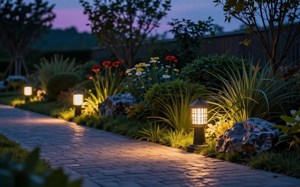 A serene evening scene featuring a beautifully landscaped garden pathway illuminated by low voltage path lights. In the foreground, several stylish path lights cast a warm, inviting glow on a cobblestone walkway, highlighting well-manicured plants and decorative rocks. The middle ground showcases lush greenery and vibrant flowers, strategically placed to enhance the visual appeal of the lighting design. In the background, soft shadows hint at distant trees under a twilight sky, with a gradient of deep blues and purples. The mood is tranquil and welcoming, evoking a sense of calmness. The image is captured from a slight low angle, emphasizing the lights and pathway, with a gentle bokeh effect to create depth. Focus on the intricate designs of the path lights and the natural beauty of the garden.
