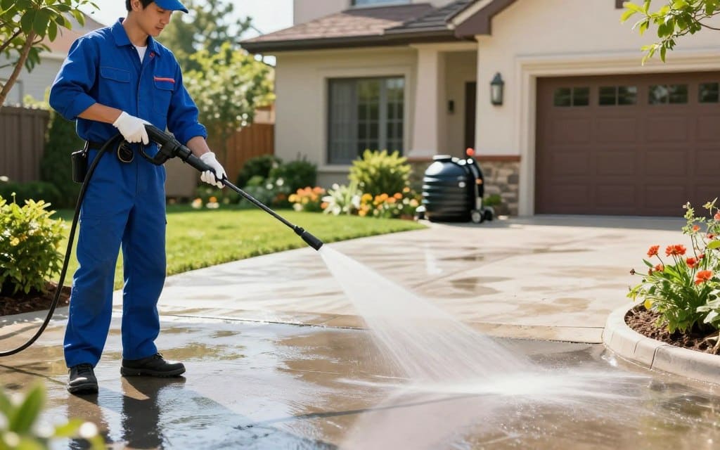 A serene outdoor setting showcasing an efficient pressure washing service. In the foreground, a professional technician in a blue uniform, safely handling a pressure washer, demonstrates careful water runoff practices, ensuring minimal environmental impact. In the middle ground, a clean driveway gleams under bright sunlight, surrounded by lush greenery and flowerbeds, illustrating responsible landscaping alongside efficient water use. The background features a well-maintained home with a polished facade and a rainwater collection barrel, integrating water-saving features into its architecture. Bright, natural lighting casts soft shadows, creating an inviting and eco-conscious atmosphere. The lens captures it from a slight angle, emphasizing the harmony between effective service and responsible water management.