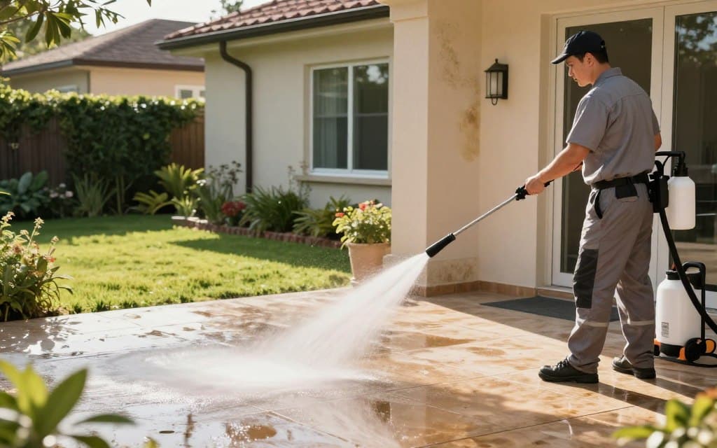 A tranquil scene showcasing a professional soft washing operation on a residential home. In the foreground, a technician in a clean uniform methodically sprays a gentle stream of biodegradable cleaning solution onto a sunlit patio. The middle section features the soft washing equipment, including a pressure washer with a long hose and specialized nozzles designed for delicate surfaces. In the background, a well-maintained garden and the house's facade, free from mold and stains, highlight the effectiveness of soft washing. The atmosphere is bright and inviting, with warm natural lighting casting soft shadows, capturing the meticulous nature of this cleaning method. The image should be taken from a slightly elevated angle to provide a comprehensive view of the action.