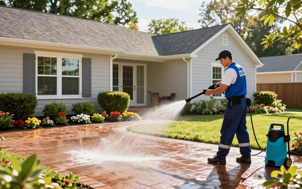 A vibrant scene showcasing a professional exterior cleaning service in action. In the foreground, a technician in a branded uniform uses a high-pressure washer to clean a brick patio, water spray glistening in the sunlight. The middle ground features a well-maintained house, with sparkling windows and a freshly washed exterior, surrounded by neatly trimmed bushes and colorful flower beds. In the background, tall trees frame the property, casting soft shadows that add depth to the scene. The lighting is bright and sunny, creating a cheerful and inviting atmosphere. The angle is slightly elevated, providing a comprehensive view of the cleaning process and the pristine surroundings, highlighting the effectiveness and professionalism of exterior cleaning services.
