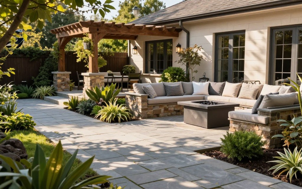 A well-designed hardscaping project illustrating a beautiful outdoor living space. In the foreground, there are meticulously arranged stone pathways, a stylish paver patio, and an elegant fire pit area surrounded by comfortable seating. The middle ground features a variety of lush plants, shrubs, and a wooden pergola casting soft shadows. In the background, a charming, well-maintained house complements the hardscaping. Natural sunlight filters through the trees, creating a warm, inviting atmosphere. Shot at a slight angle to emphasize the depth of the space, with a focus on realistic textures of the stone and greenery. The overall mood is peaceful and elegant, showcasing the artistry and functionality of professional hardscaping services.