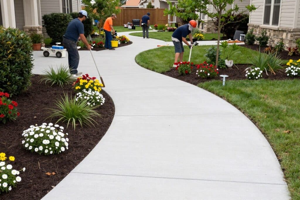 Concrete walkway installation in residential landscape