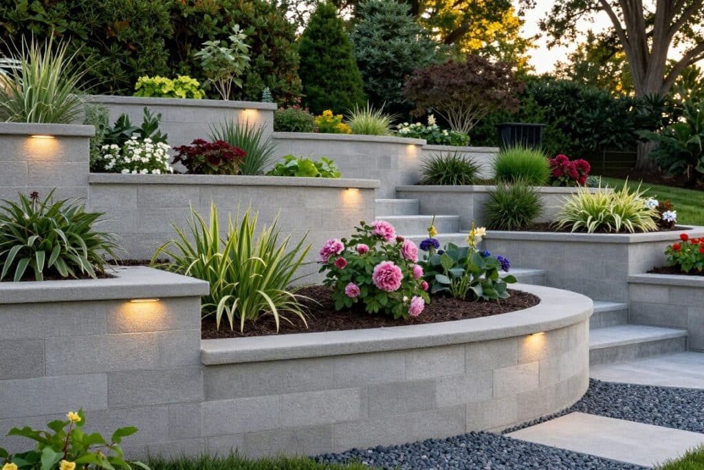 beautifully designed concrete block retaining wall integrated into landscape design