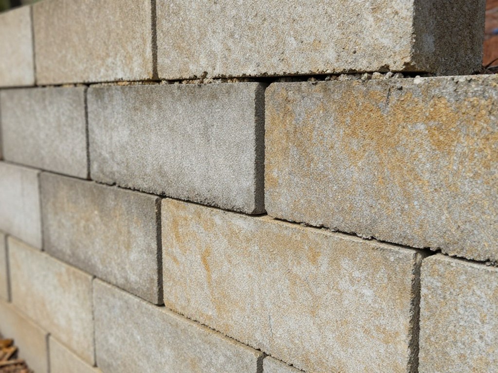 close-up of interlocking concrete block retaining wall showing quality construction detail