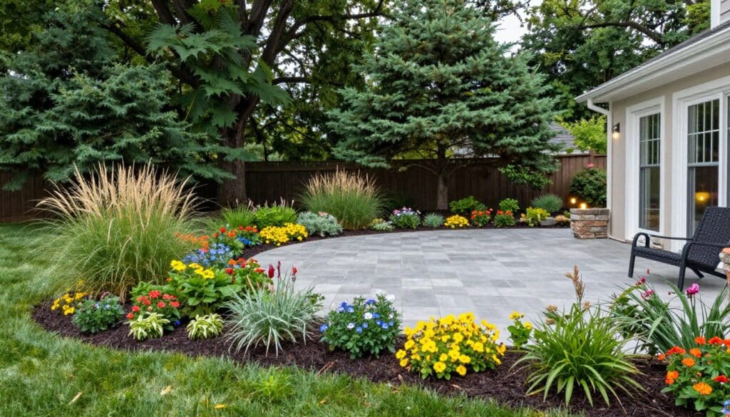 landscaped paver patio with plants and greenery in Ludlow