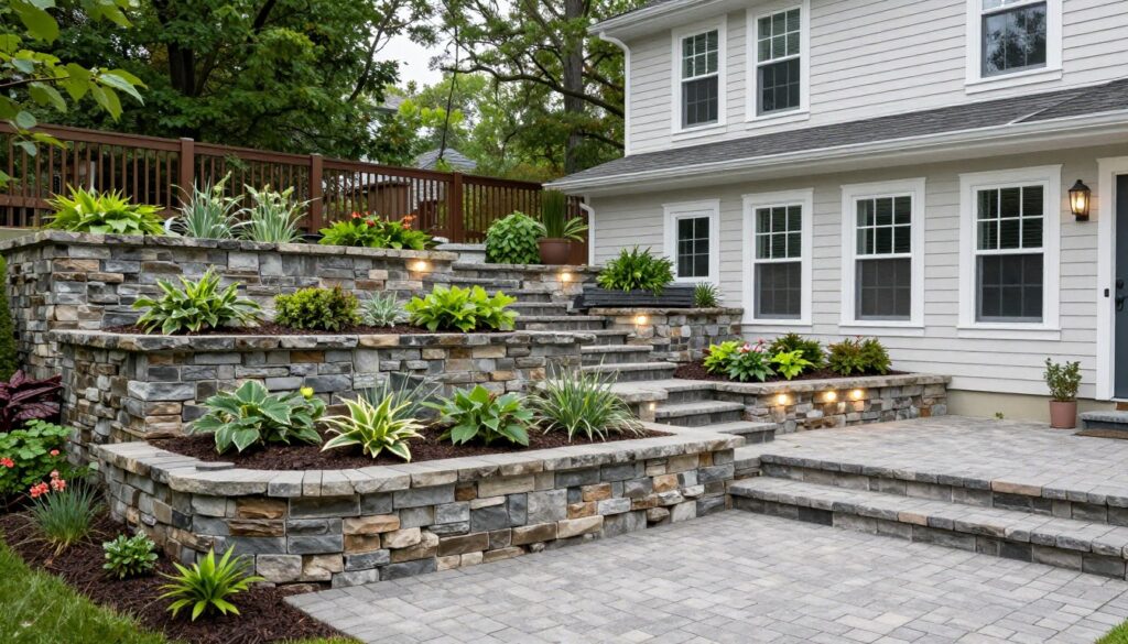 multi-level retaining walls creating patio space in Ludlow