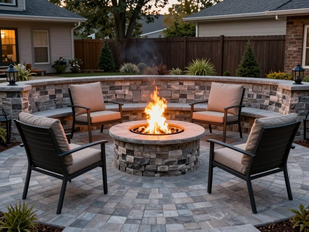paver patio with integrated fire pit in Ludlow