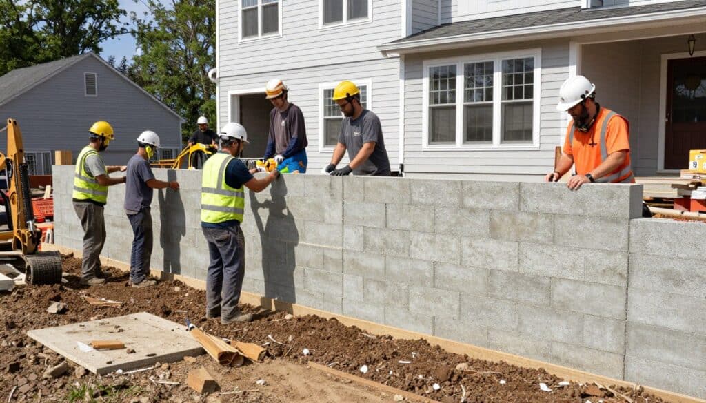 professional team installing concrete block retaining wall showing construction process