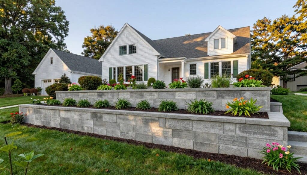 residential property featuring concrete block retaining wall with landscaping