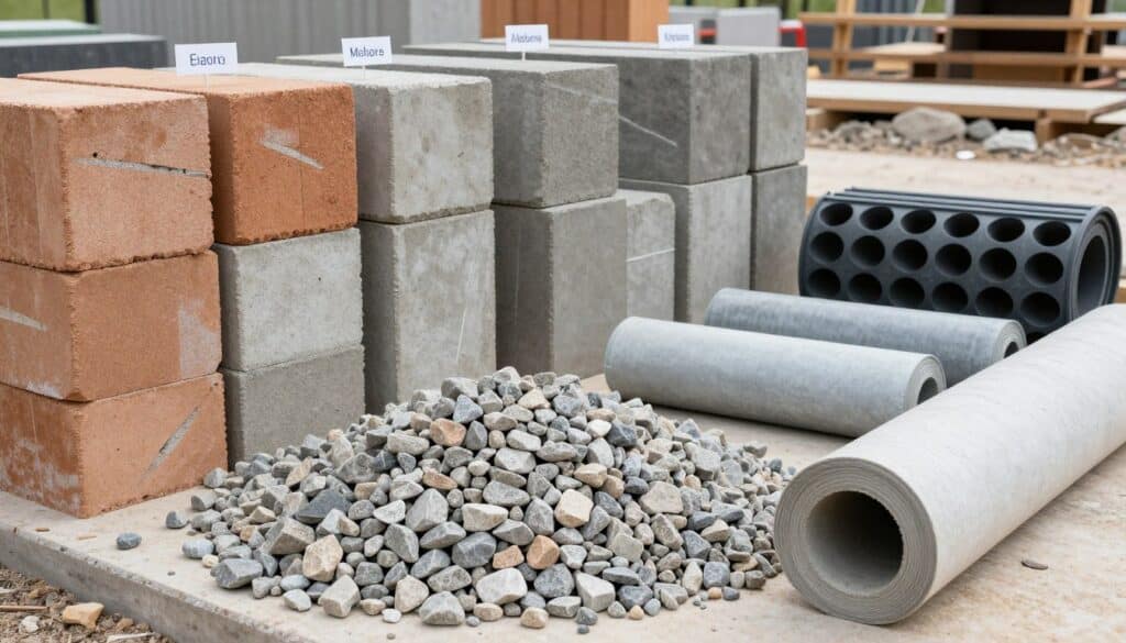 retaining wall construction materials including concrete blocks, gravel, and drainage components