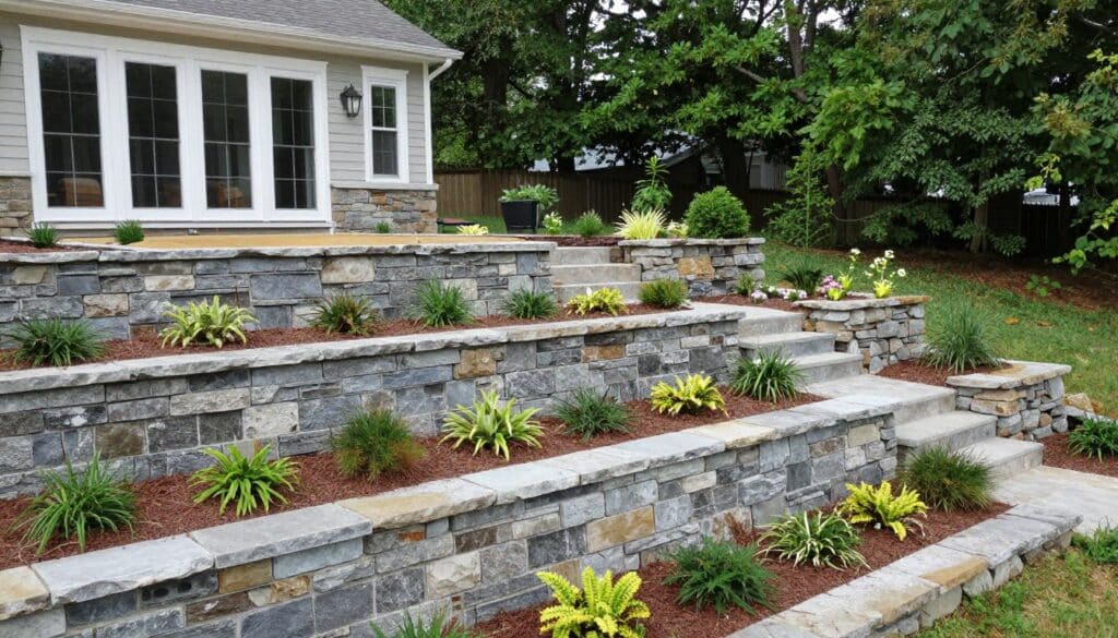retaining wall with paver patio integration in Ludlow