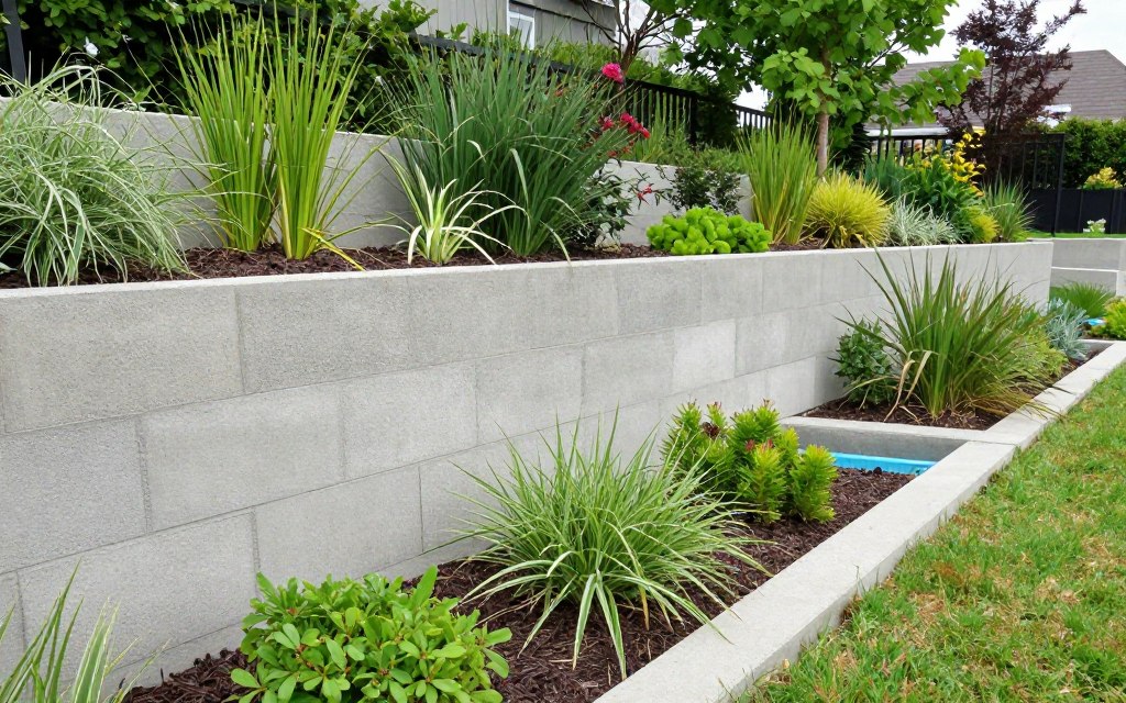retaining wall with rain garden and environmental features