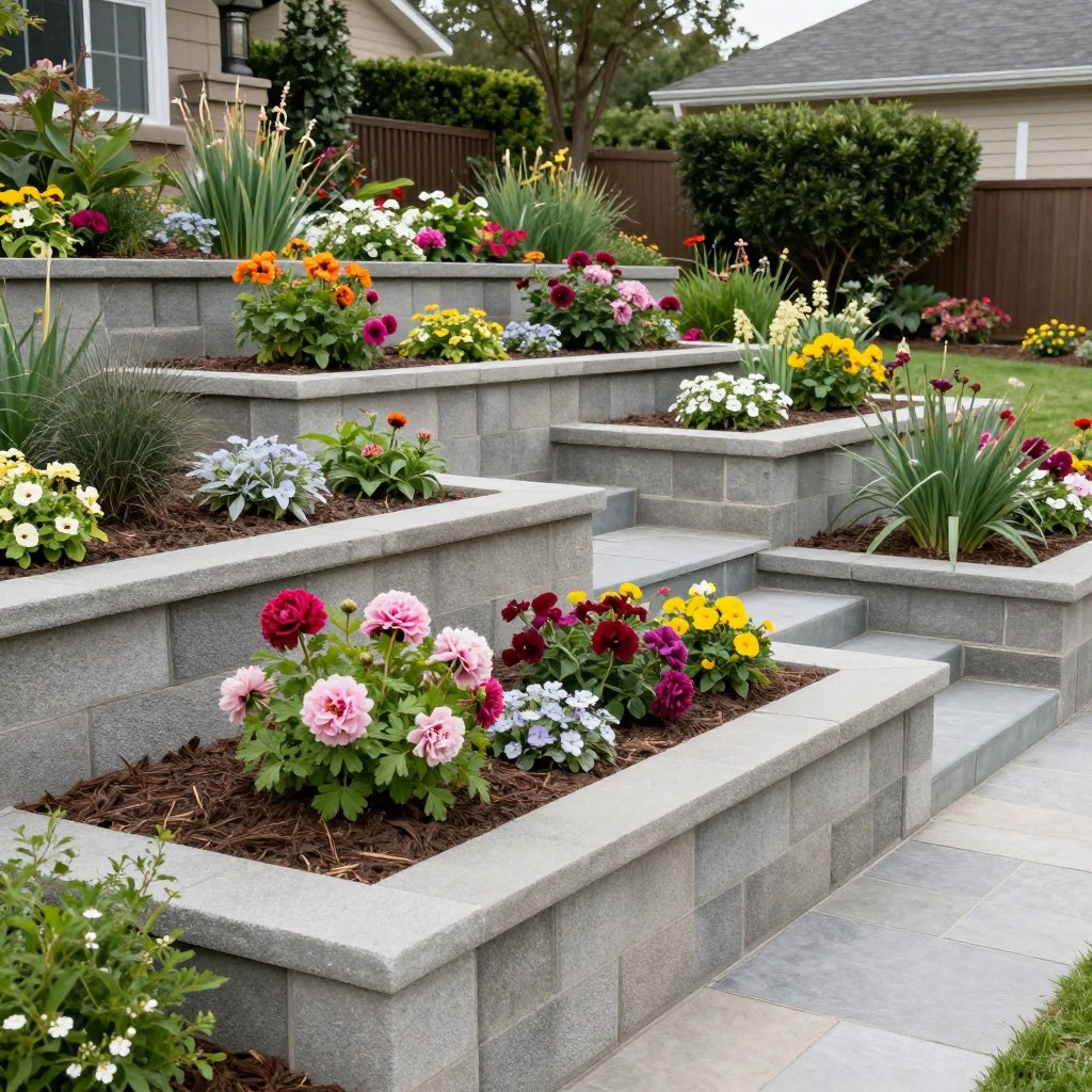 terraced garden beds created with concrete block retaining walls